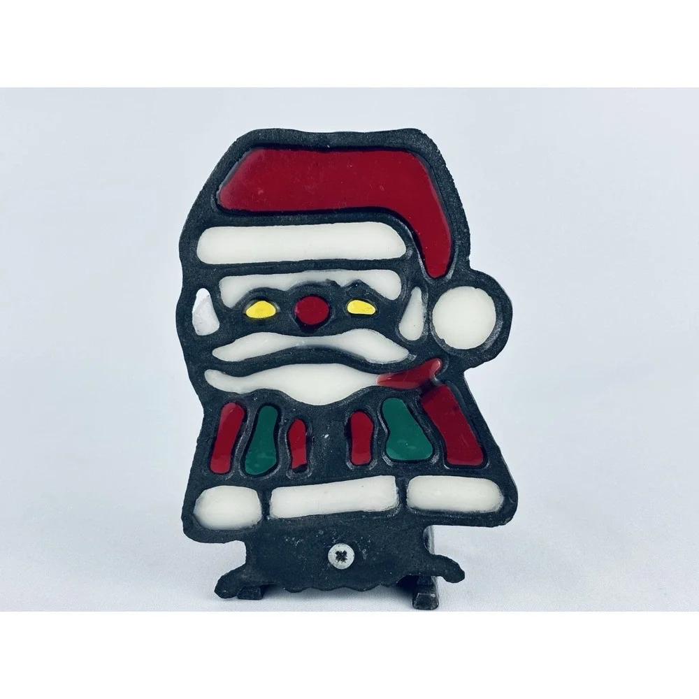 Vintage Cast Iron Stained‎ Glass Christmas Santa Tea Light Votive Candle Holder